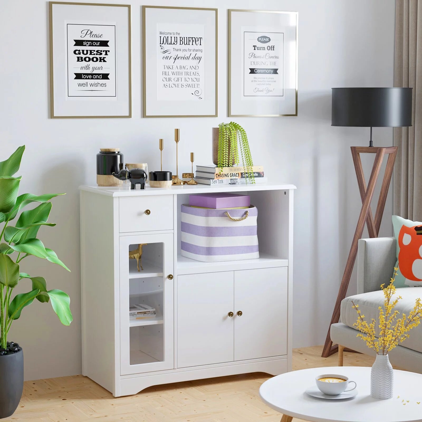 Homfa Microwave Cabinet with Hutch, White W754241