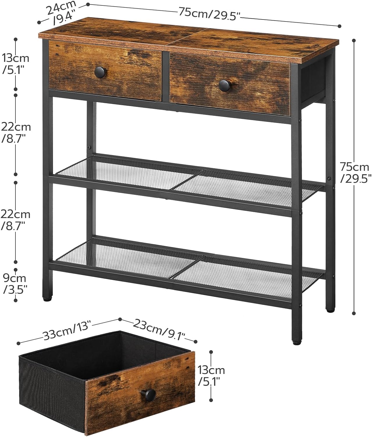 HOOBRO Narrow Console Table with 2 Fabric Drawers and Charging Station, Rustic Brown and Black H1095