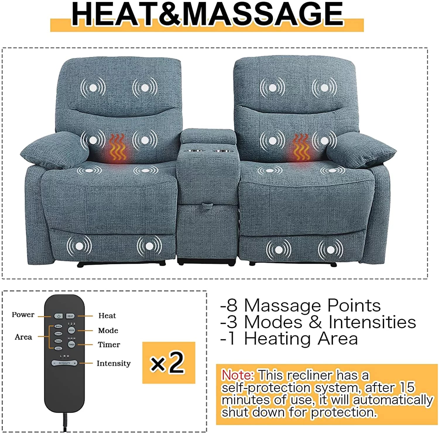 Reclining Sofa with Console and Cup Holders 2 Seater Fabric a7