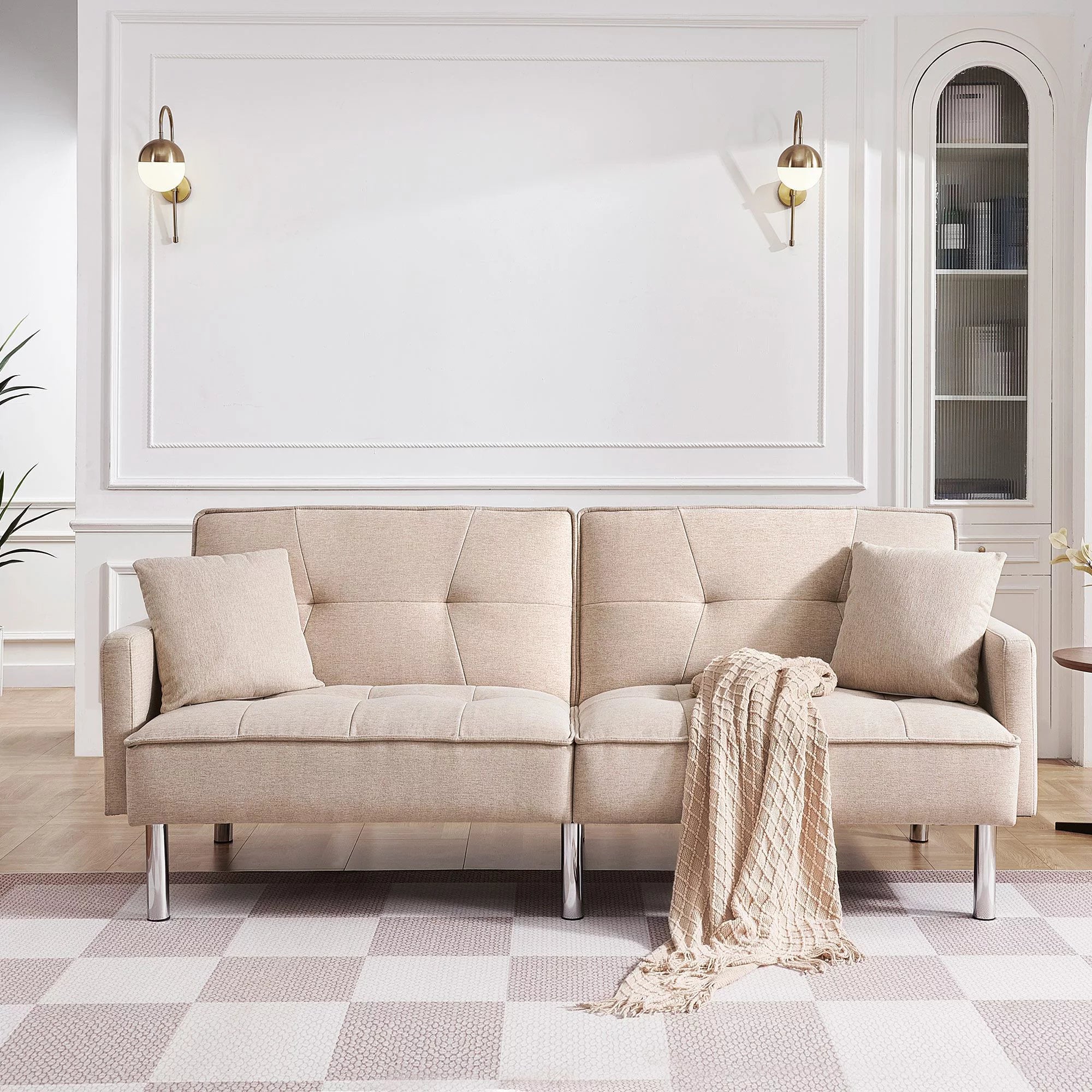 Moootto 84.6 in. Extra Long Tufted Beige Fabric Futon Sofa Bed P625