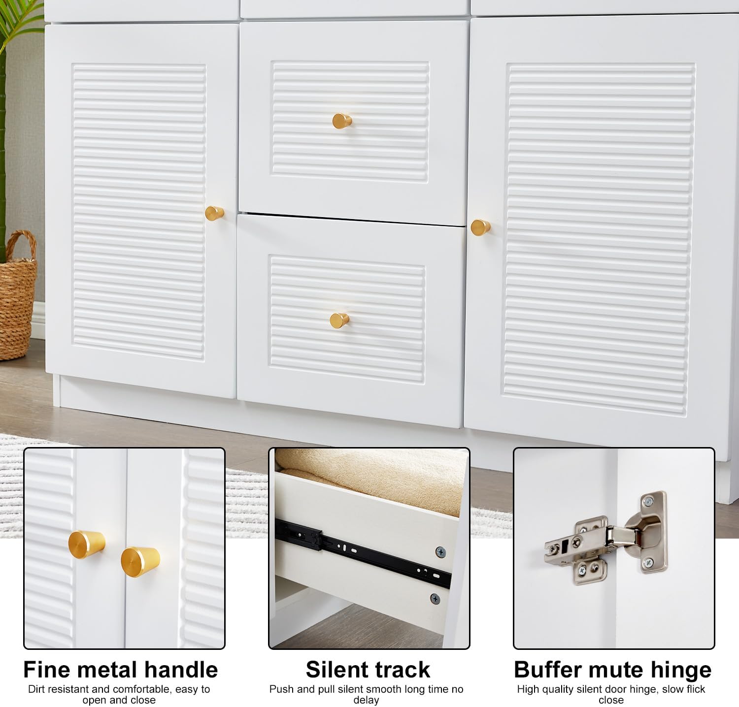 3 Door Armoire Wardrobe Closet with 2 Drawers, White Wooden Cabinet T413596