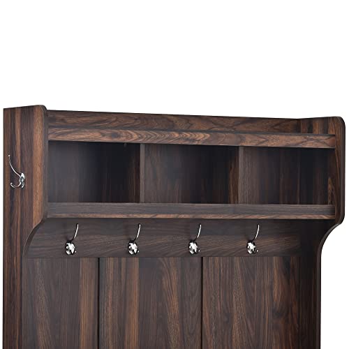 Hall Tree with Storage Bench, 6 Hooks, Entryway Coat Rack (Tiger) H6698