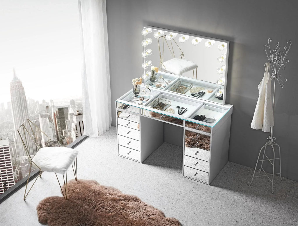 Impressions Vanity SlayStation 2.0 Mirrored Tabletop with 5 Drawer Units Bundle, Bright White M717852
