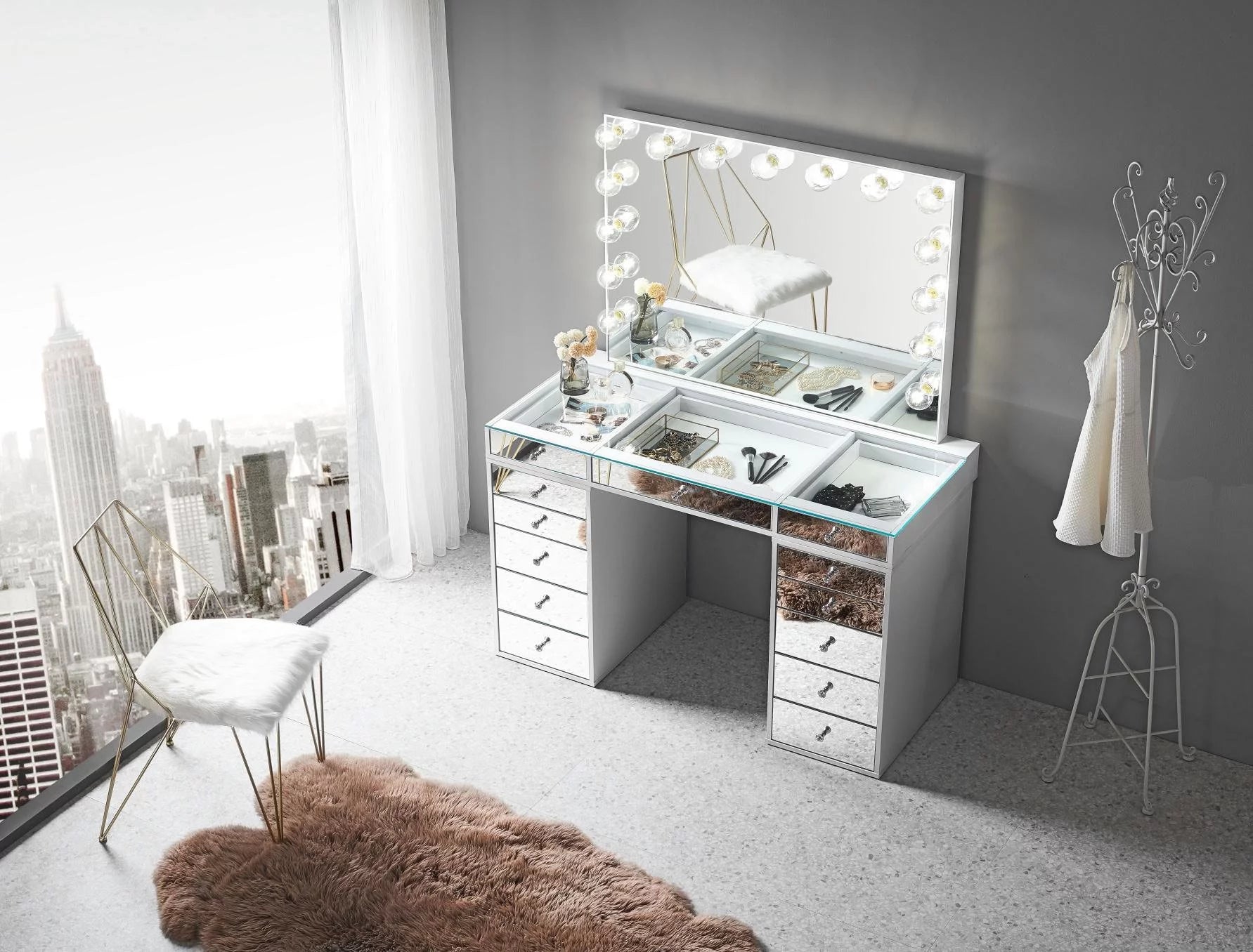 Impressions Vanity SlayStation 2.0 Mirrored Tabletop with 5 Drawer Units Bundle, Bright White M717852