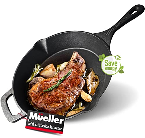 Mueller Pre-Seasoned Heavy-Duty Healthy Cast Iron Skillet 10-inch, Cast Iron Pan, Dual Handles & Dual Pouring Lips, Safe across All Cooktops, Oven, BBQ, or Campfire