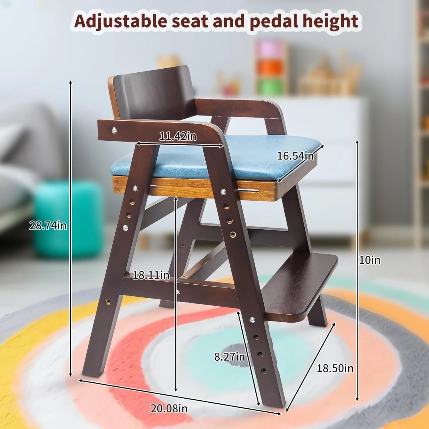 Wooden High Chair for Toddlers with Adjustable Levels and Waterproof Cushion E912911