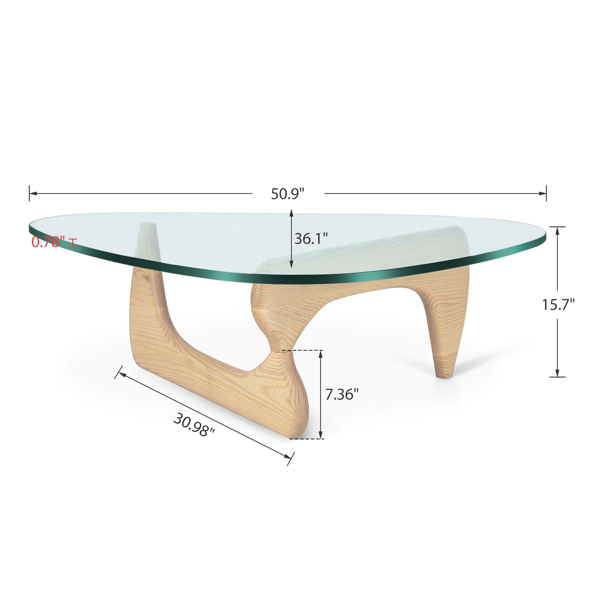 Mid Century Triangle Tempered Glass Coffee Table Solid Wooden Base 7k