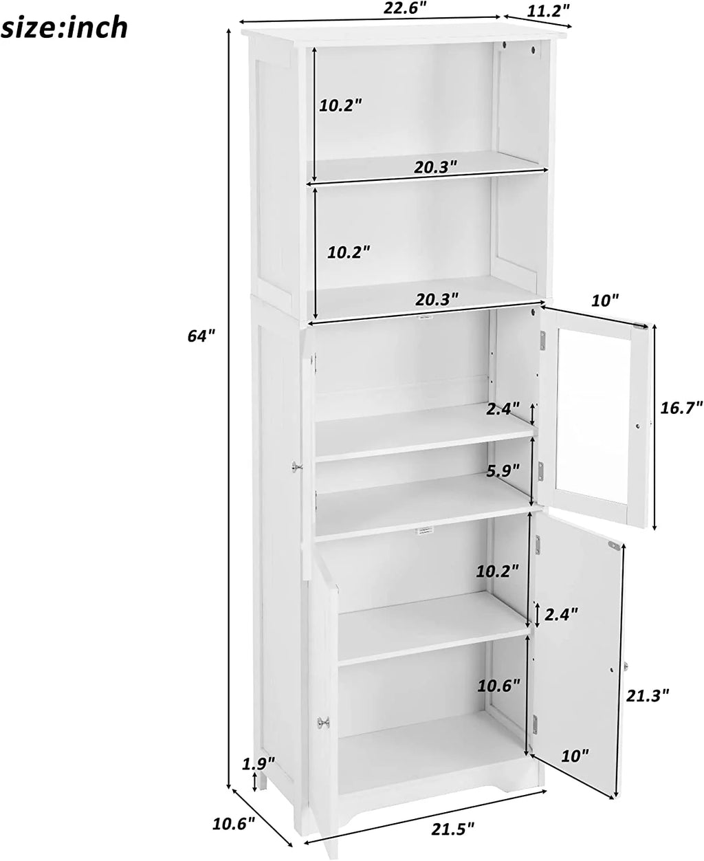 WANHUI White Storage Cabinet with Glass Doors and Adjustable Shelves D5774
