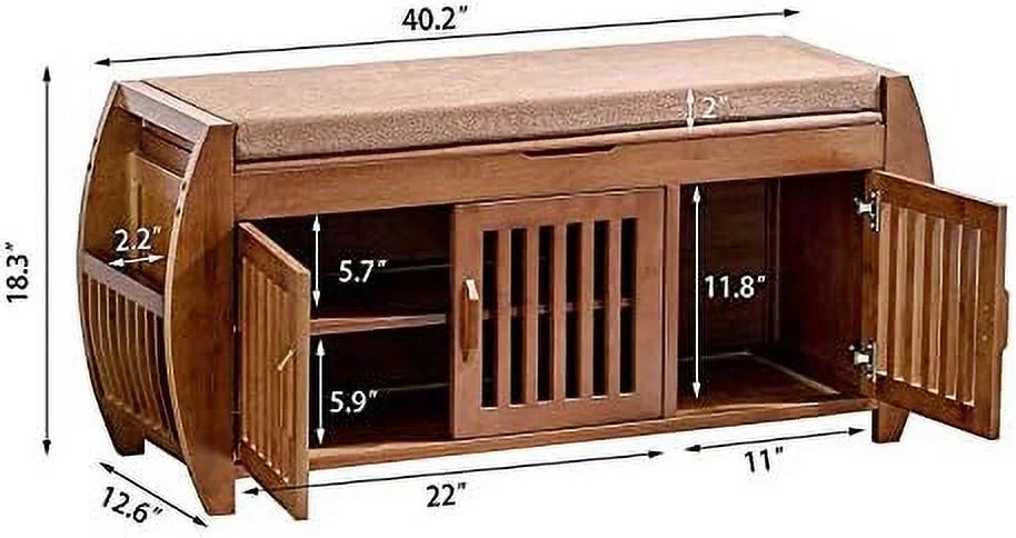 KBANZIBIU Bamboo Shoe Bench with Detachable Cushion and Hidden Compartment T94805