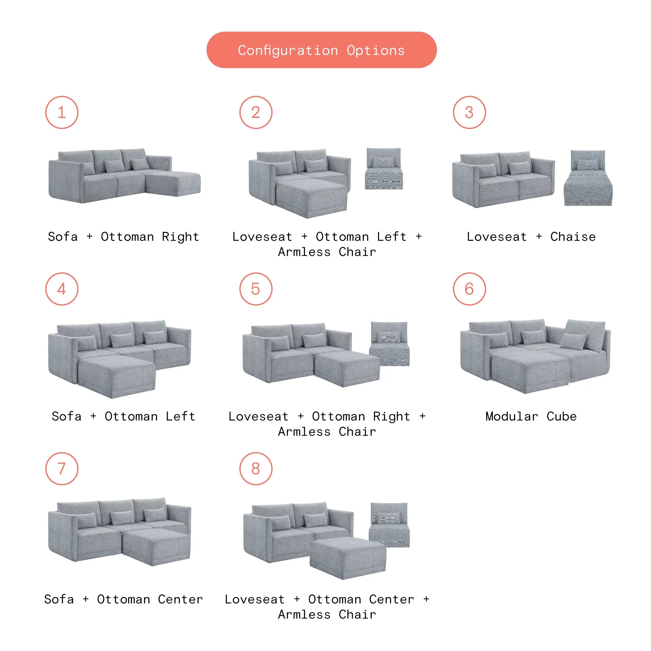 Modular Sectional Sofa with Ottoman Gray Fabric k7p