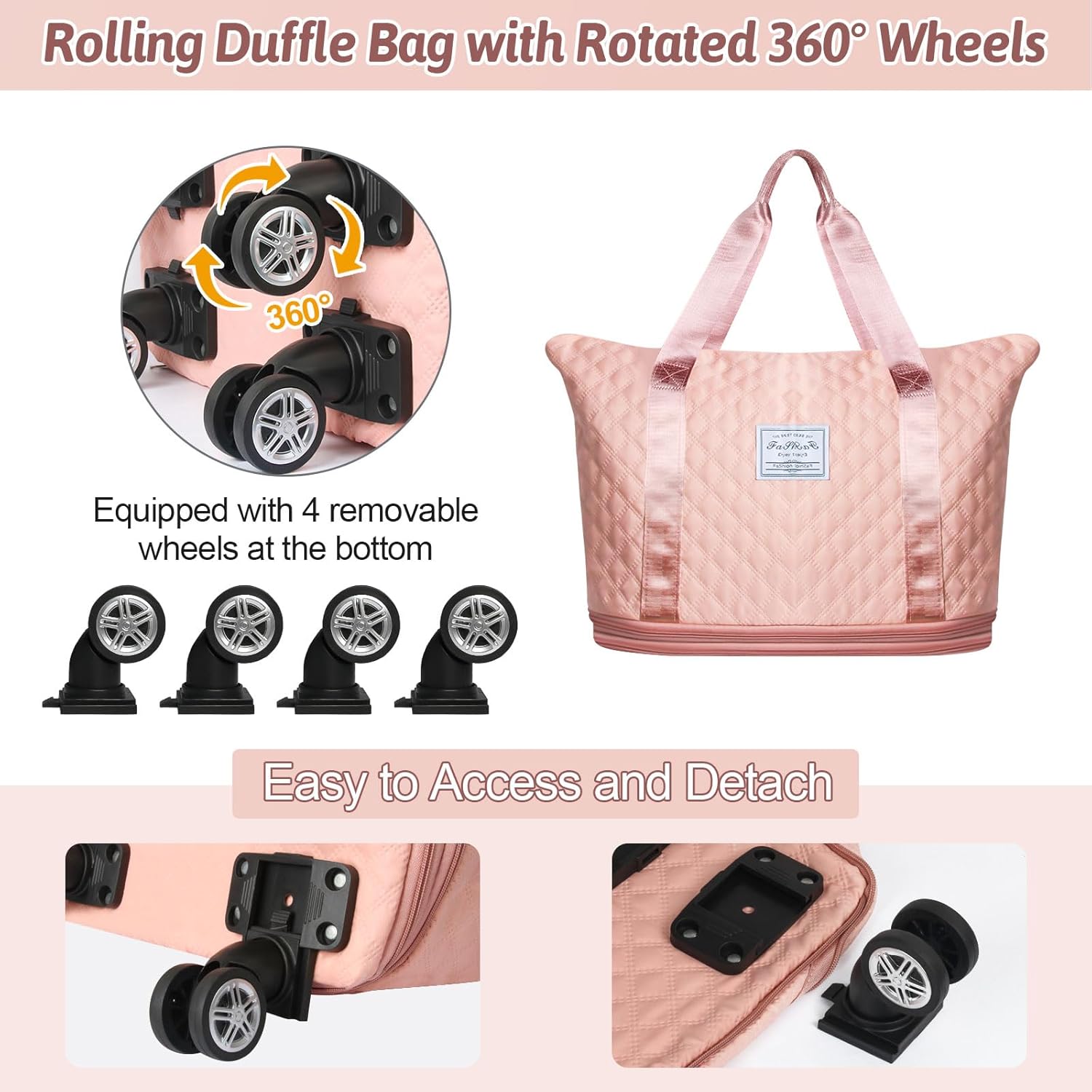 Rolling Duffle Bag with Wheels, Expandable Travel Luggage, Foldable Carry On, Large Pink a7