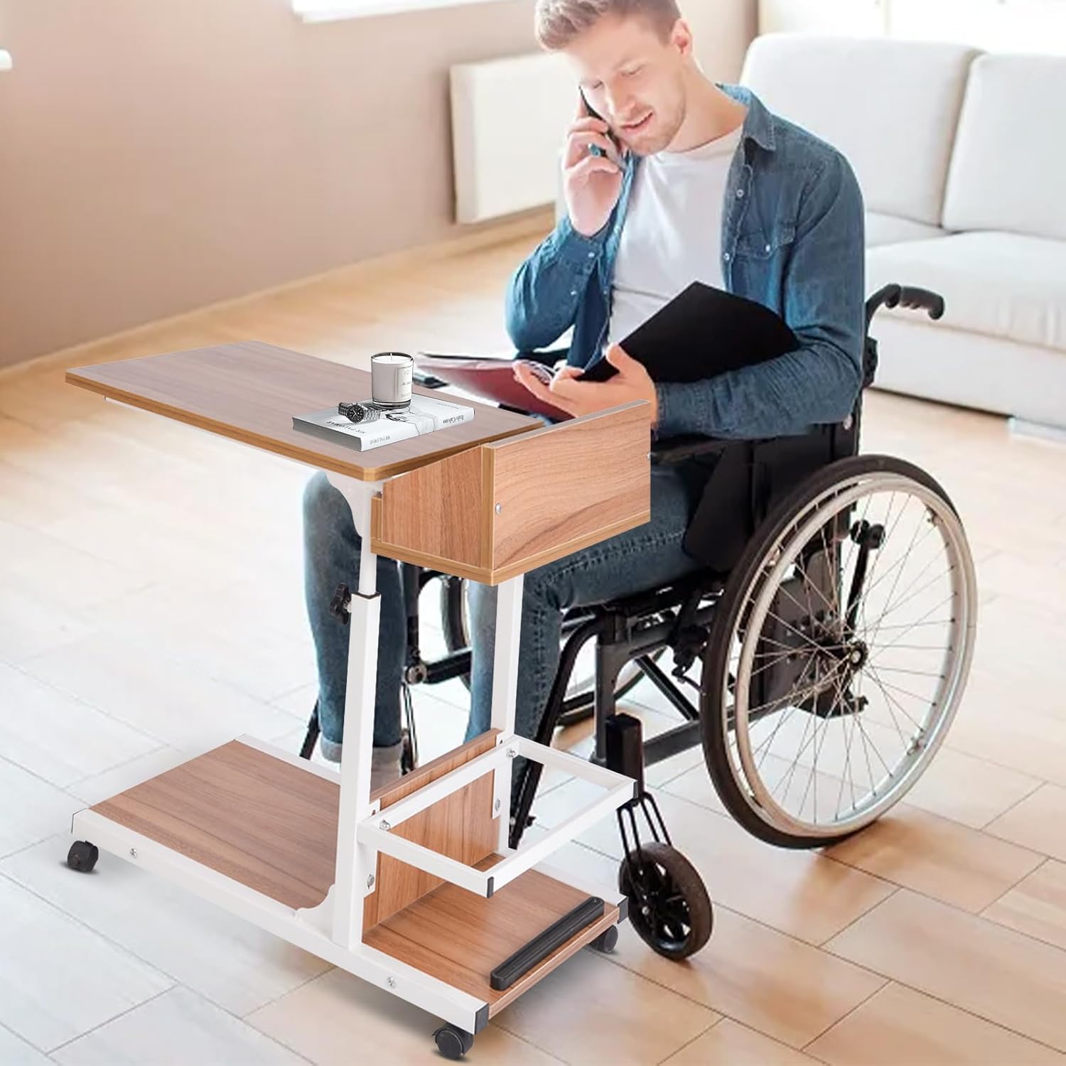 Adjustable Over Bed Table with Drawer and Wheels a7