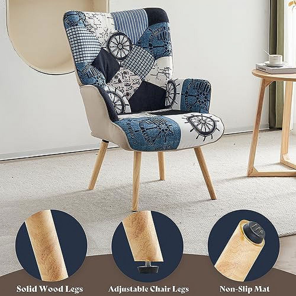 NLIBOOMLife Accent Chair with High Backrest Wooden Base Upholstered Armchair Grey Plaid K87763