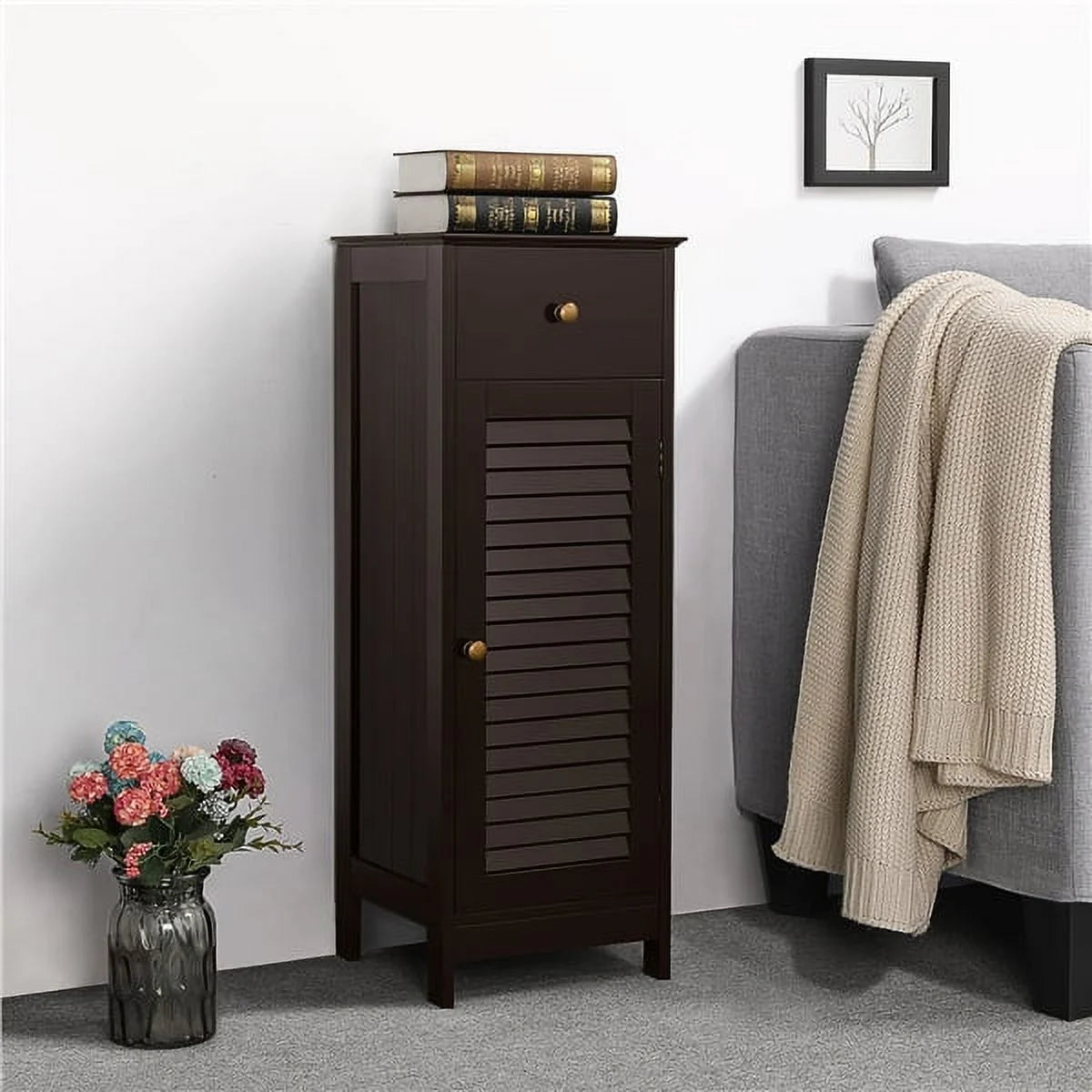 Topeakmart Wooden Bathroom Floor Storage Cabinet with Drawer, Espresso X322