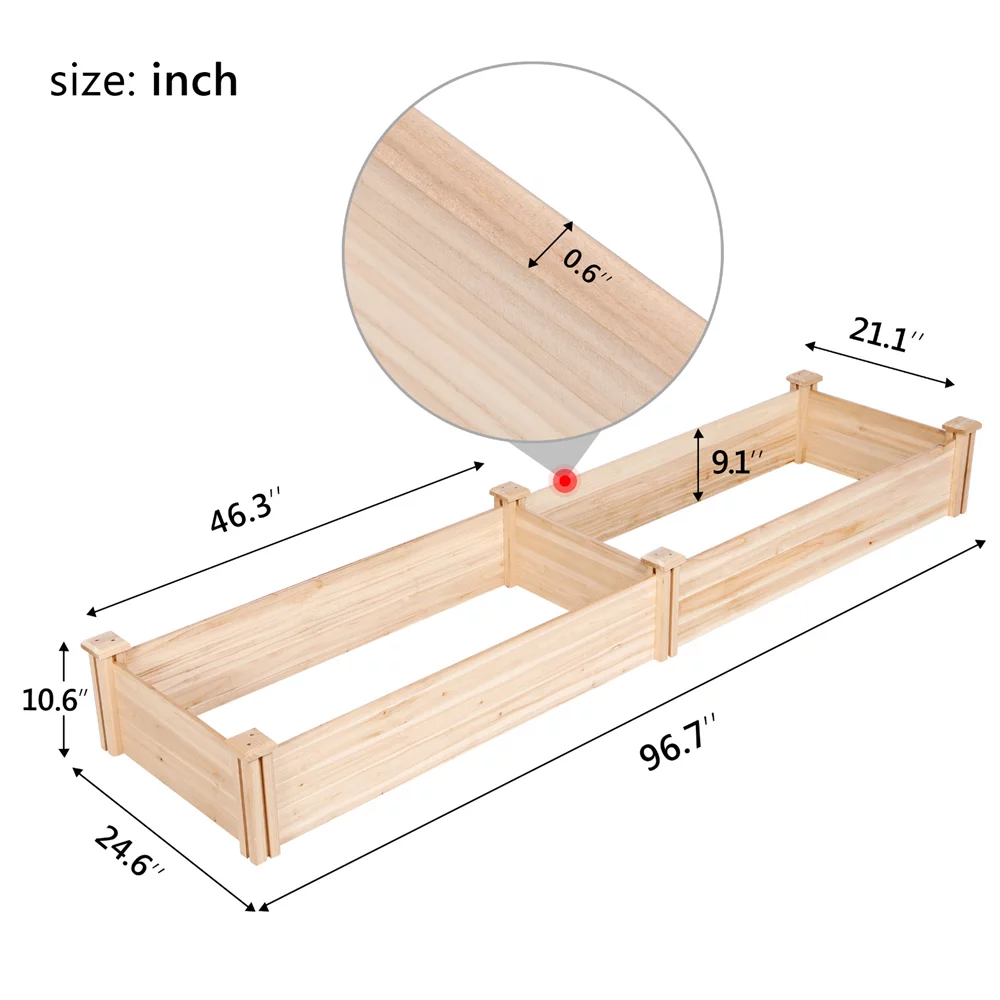 Easyfashion Wooden Raised Garden Bed, 96.7 x 24.6 x 10.6 inch, Natural Wood H225