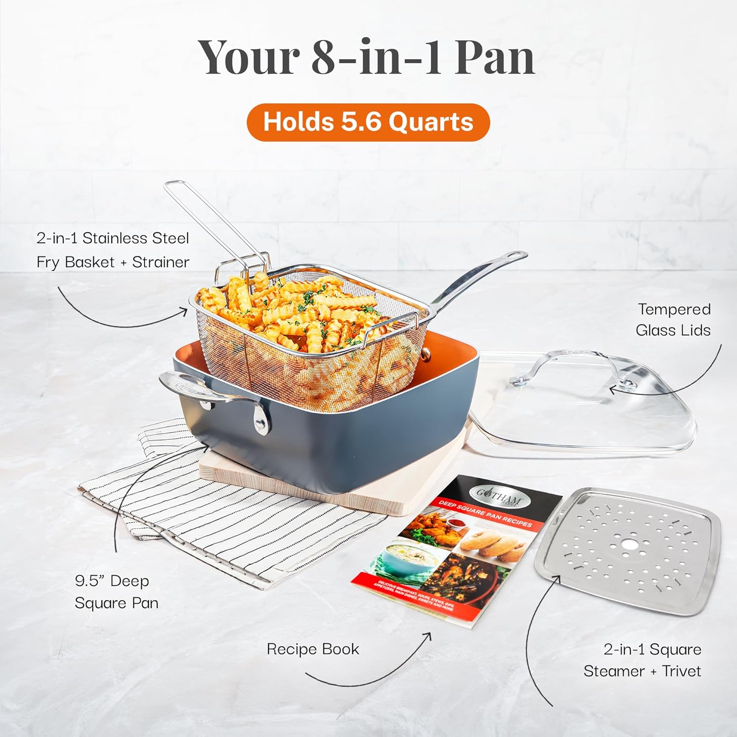 Gotham Steel Nonstick Square Deep Frying Pan 9.5" with Lid, Basket & Steamer Tray G5966
