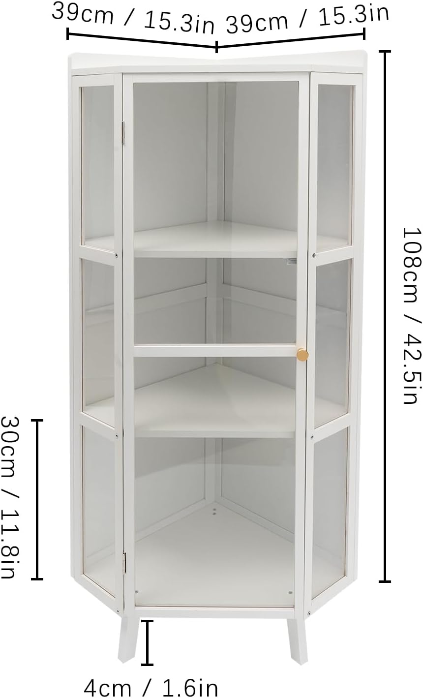 Tall Corner Storage Cabinet with Clear Door, 3-Tier Freestanding Shelves, White I118