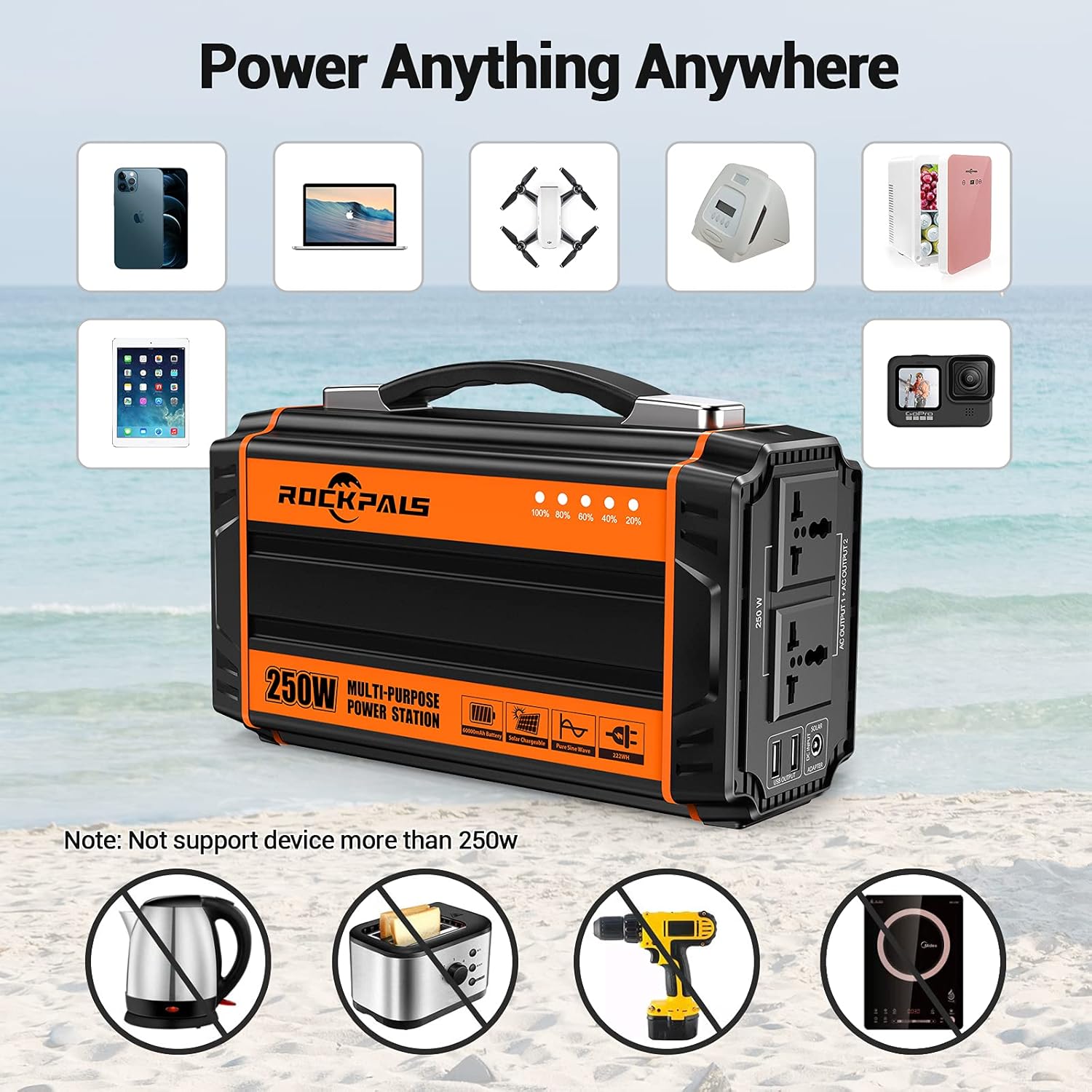 Portable Generator 250W Lithium Battery Solar Power Supply 110V AC Outlet k7