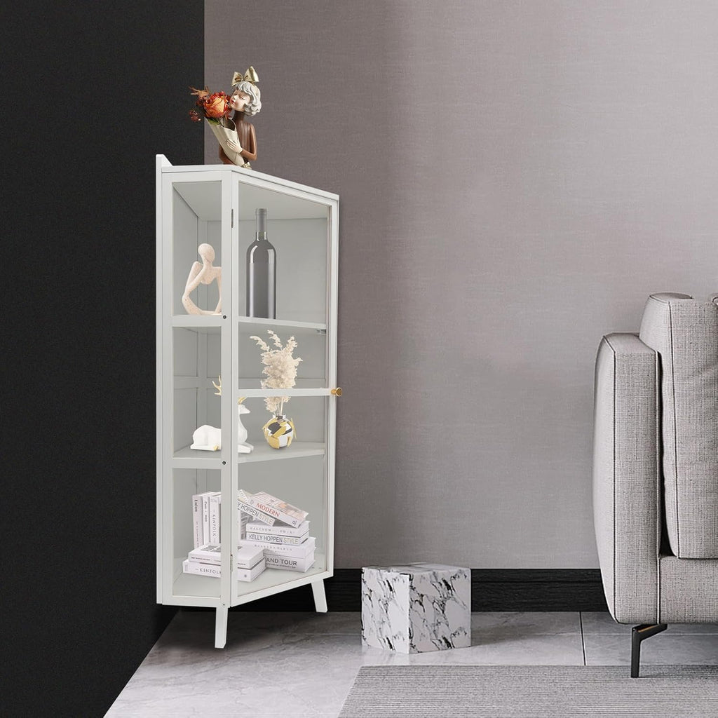 Tall Corner Storage Cabinet with Clear Door, 3-Tier Freestanding Shelves, White I118