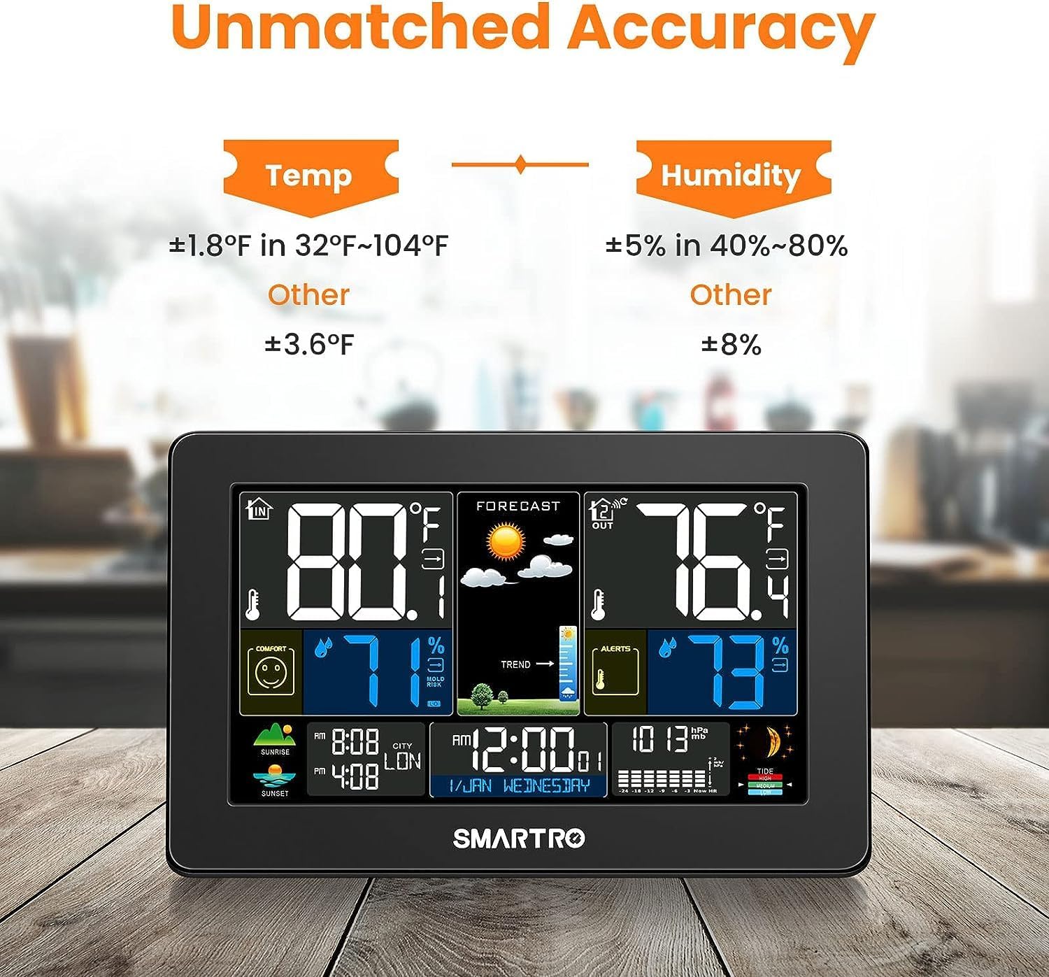 SMARTRO Weather Station Wireless Indoor Outdoor Thermometer with Large Color Display B5070