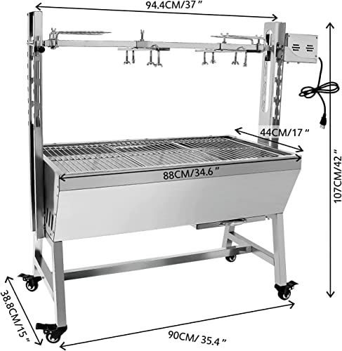 Stainless Steel Rotisserie Grill for BBQ, 66LBS Capacity, 37 Inch Outdoor Charcoal Roaster D798