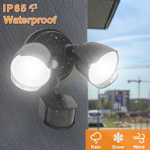 15W 1500 Lumen LED Security Light with Motion Sensor, IP65 Waterproof, Dual-Head, Black D1993