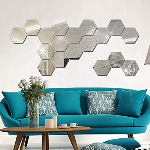 Silver Acrylic Hexagon Mirror Wall Stickers 12 Pcs C392