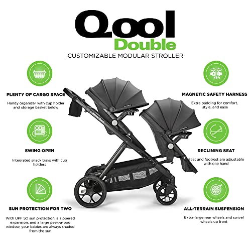 Joovy Qool Double Stroller with Reconfigurable Seats, UPF 50 Canopy, Jet S609