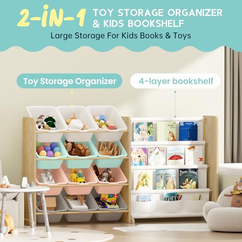 Kids Toy Storage Organizer with 12 Bins and Bookshelf, Burlywood Y913658