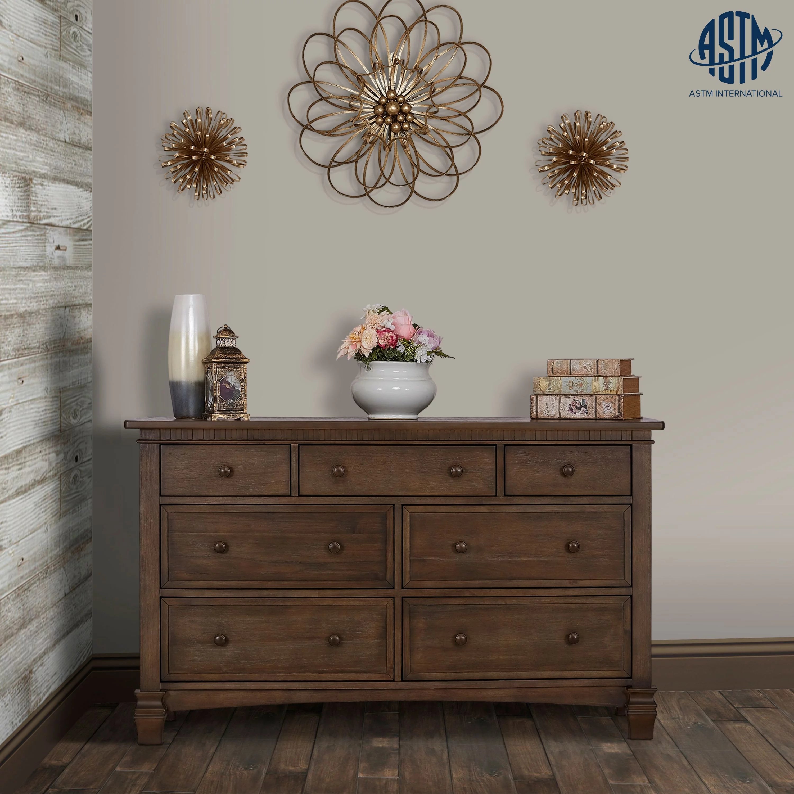 Evolur Cheyenne and Santa Fe Double Dresser, Antique Brown, 7 Drawers D298