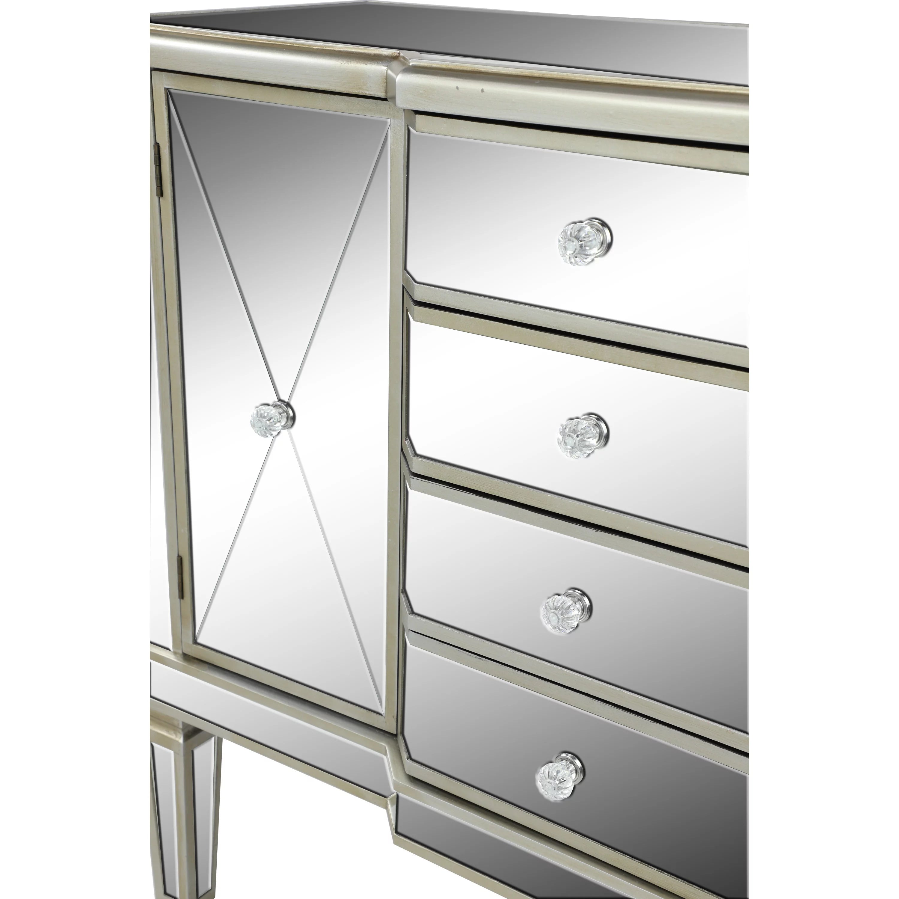 DecMode Silver Wood Mirrored Panel Buffet with 4 Drawers and 2 Doors L67333