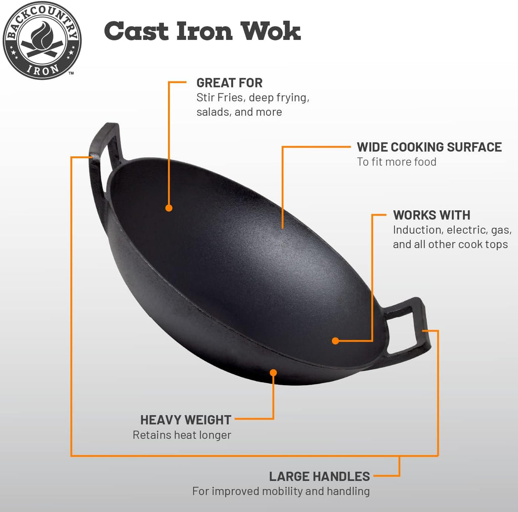 Backcountry Iron 14 inch Cast Iron Wok with Flat Base and Handles W762060