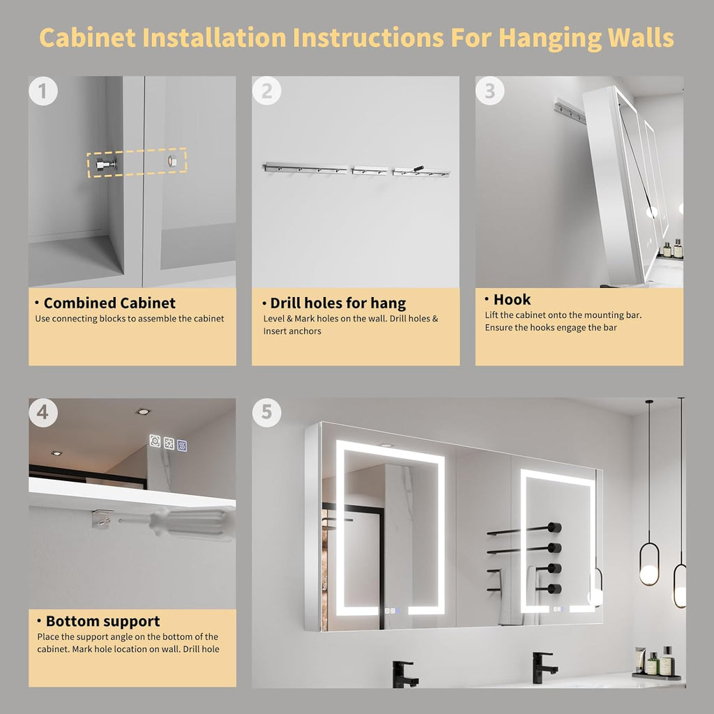 LED Lighted Bathroom Medicine Cabinet with Mirror, 60 x 30 Inch, Defog, Dimming k7p