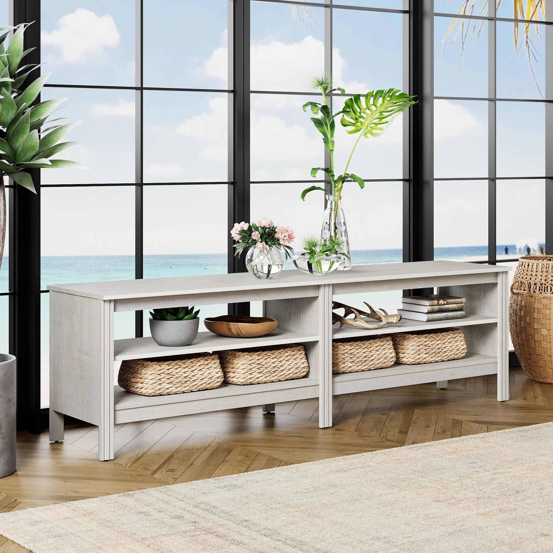 White TV Stand for 75 Inch TV, Farmhouse Wood TV Cabinet with 4 Cubby A2753