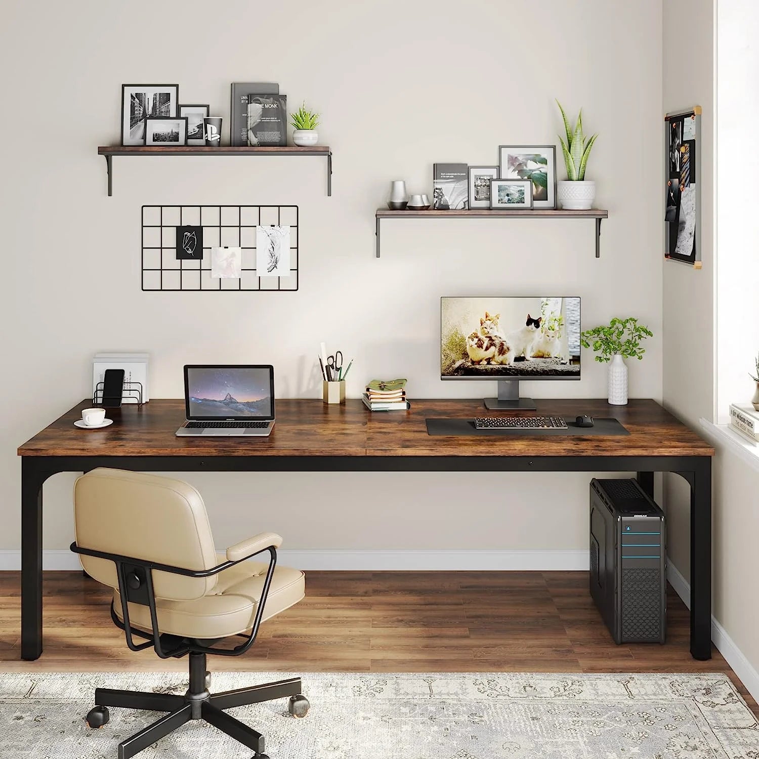 Extra Long Double Computer Desk for Home Office, Rustic Brown k7m