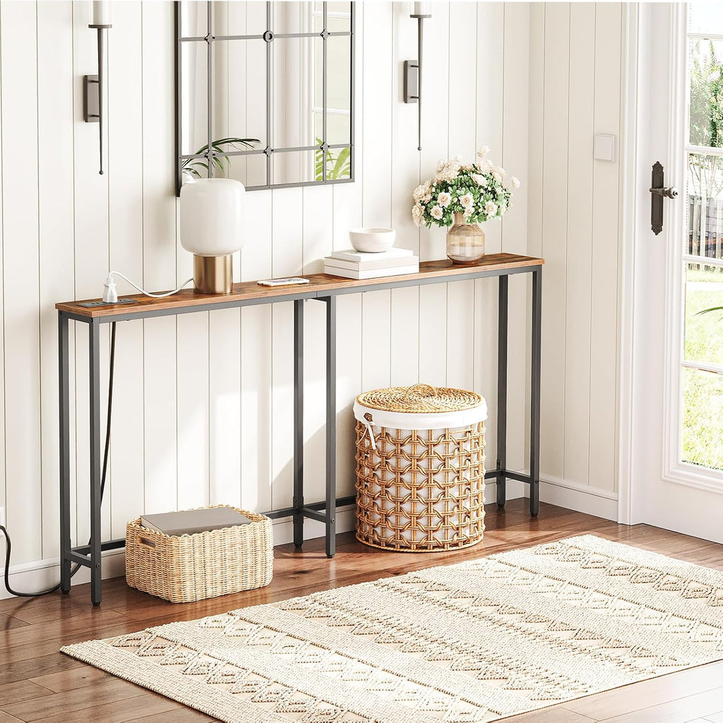 HOOBRO Narrow Console Table with 2 Fabric Drawers and Charging Station, Rustic Brown and Black H1095
