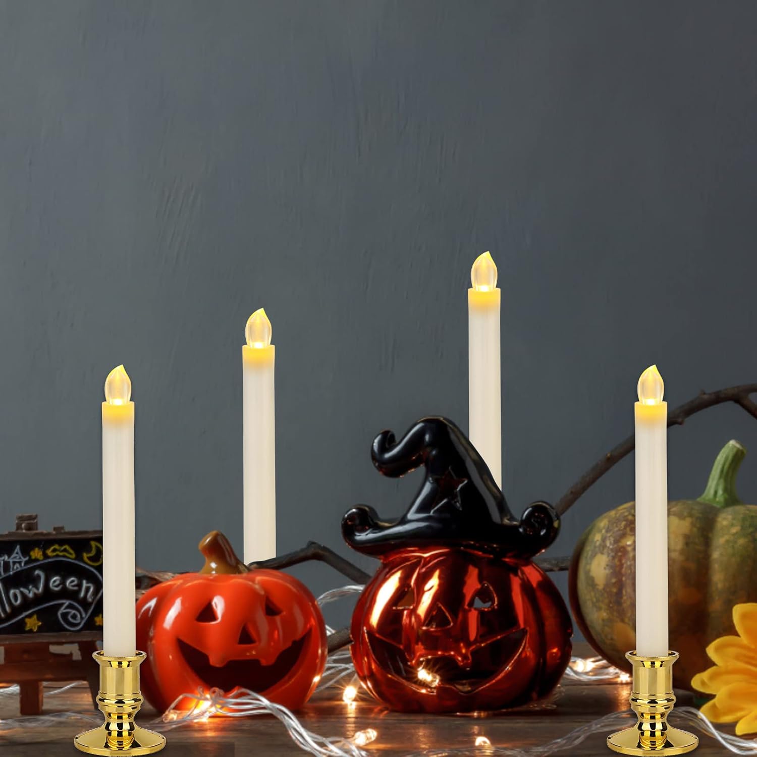 Flameless LED Taper Candles with Remote, Gold Holders, 12 Pack k7