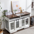 55" Double Dog Crate Furniture, 2-in-1 Wooden Dog Furniture End Table with Large Drawers, Heavy Duty Indoor Dog Kennel with Sliding Doors, Chew Resistant, for 2 Small/Medium Dogs,White