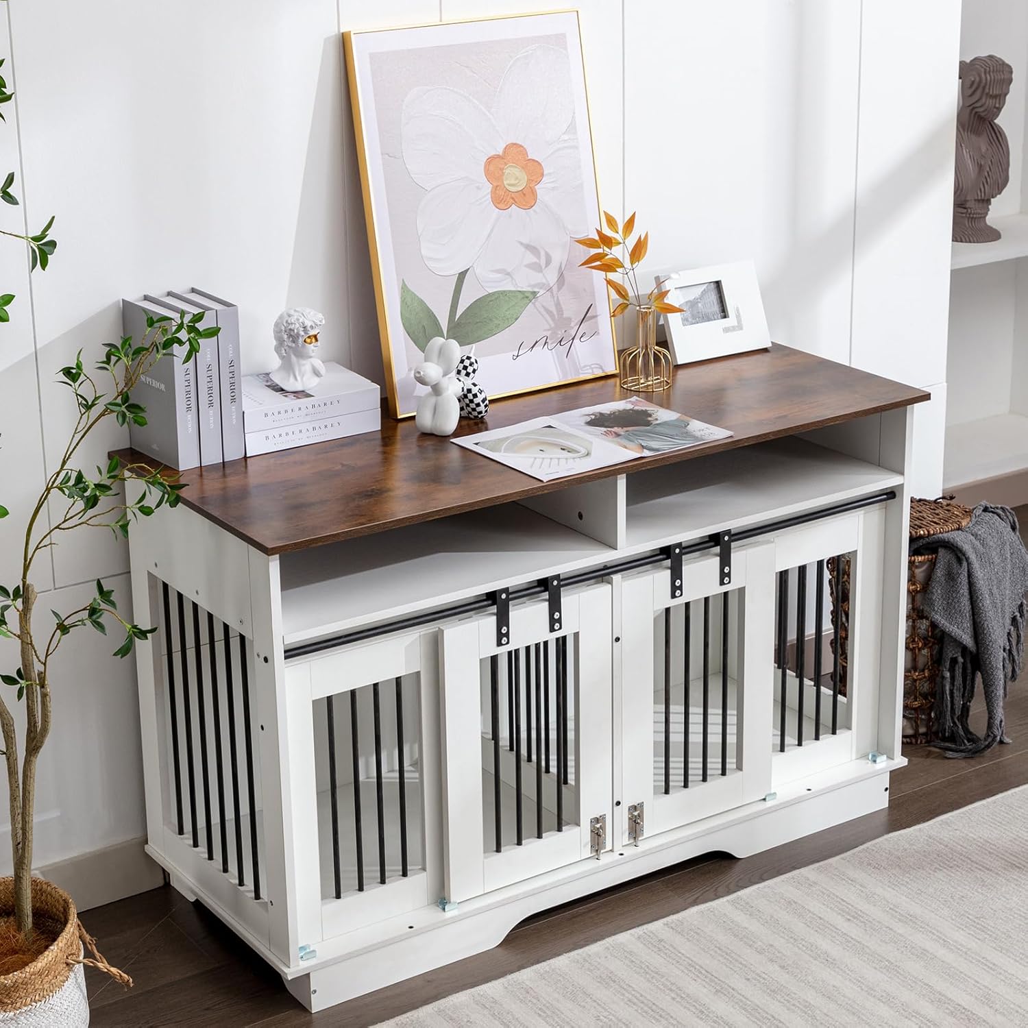 55" Double Dog Crate Furniture, 2-in-1 Wooden Dog Furniture End Table with Large Drawers, Heavy Duty Indoor Dog Kennel with Sliding Doors, Chew Resistant, for 2 Small/Medium Dogs,White