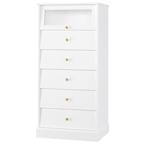 finetones 6 Drawer Dresser Black with Gold Accents and Glass Drawers J156