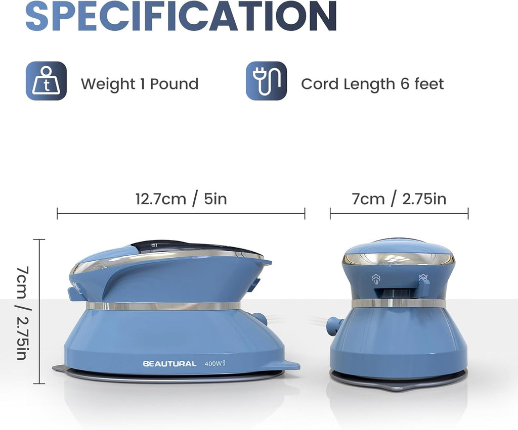 BEAUTURAL Mini Travel Steam Iron for Clothes, Dual Voltage, Non-Stick Soleplate C59710