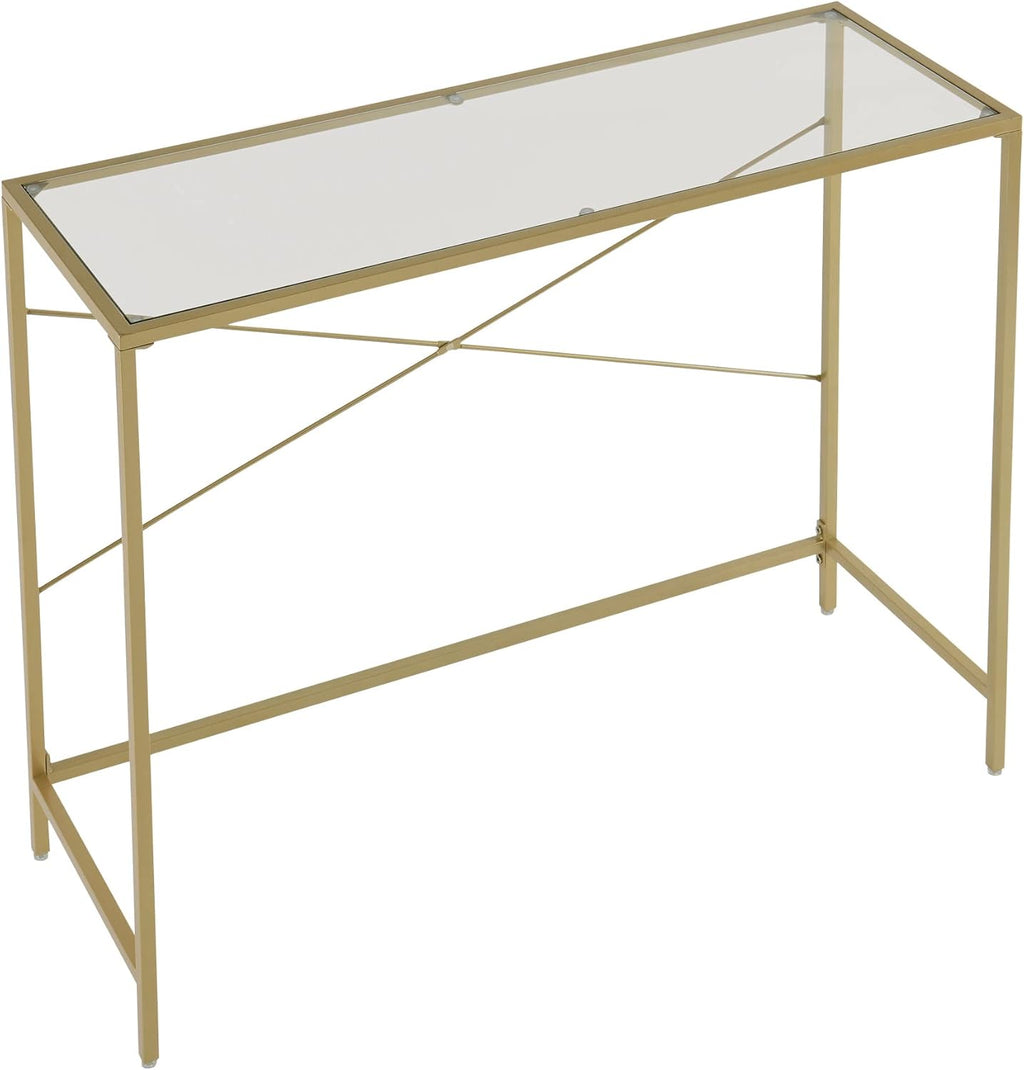 Golden Console Table 39.37" with Tempered Glass Top, Metal Frame, Gold F17720