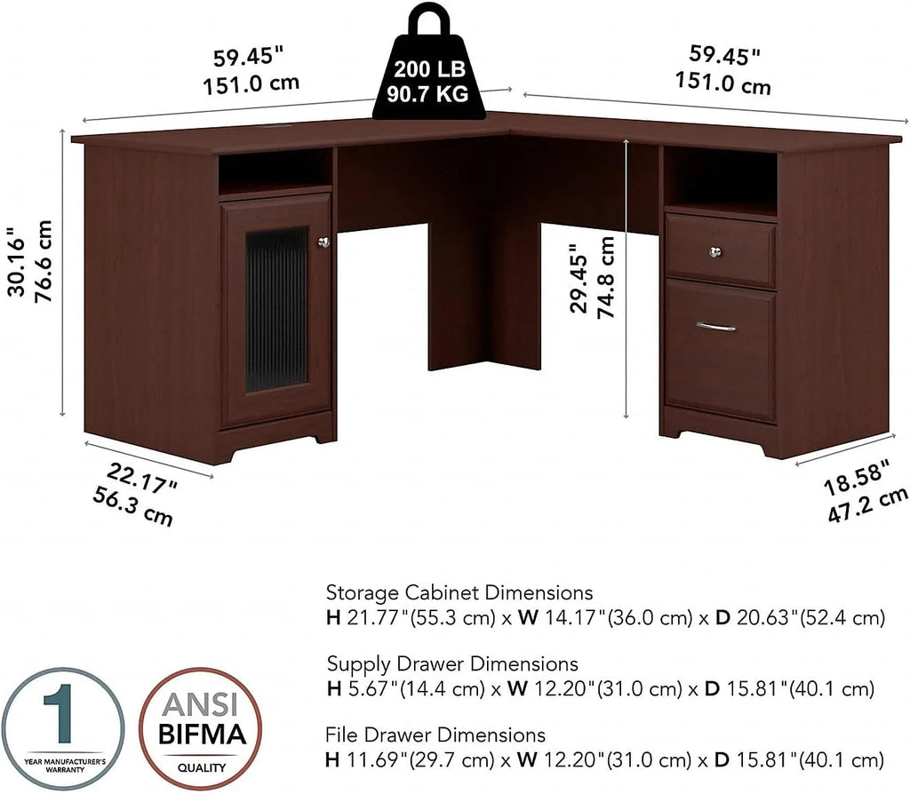 Cabot L Shaped Computer Desk with Drawers, Harvest Cherry K688