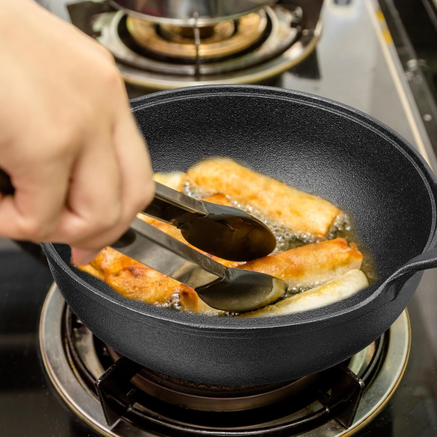 Layhit Cast Iron Wok with Loop Handle 9.8 Inch Nonstick Flat Bottom S1007