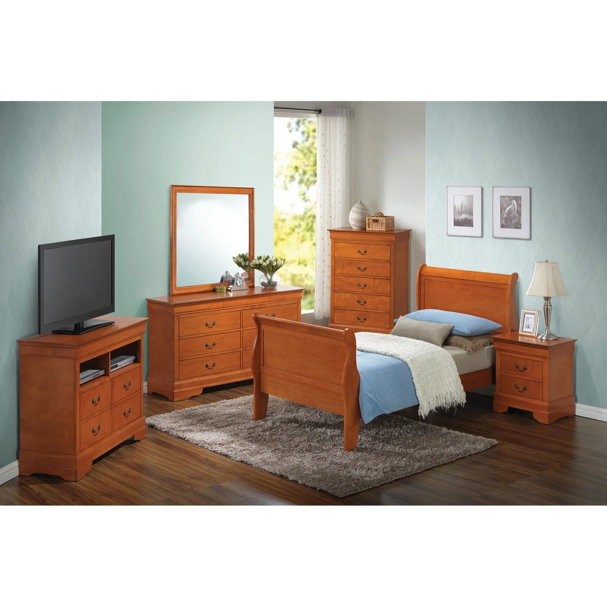 Passion Furniture Louis Philippe Sleigh Bed Twin Size, Oak A48179