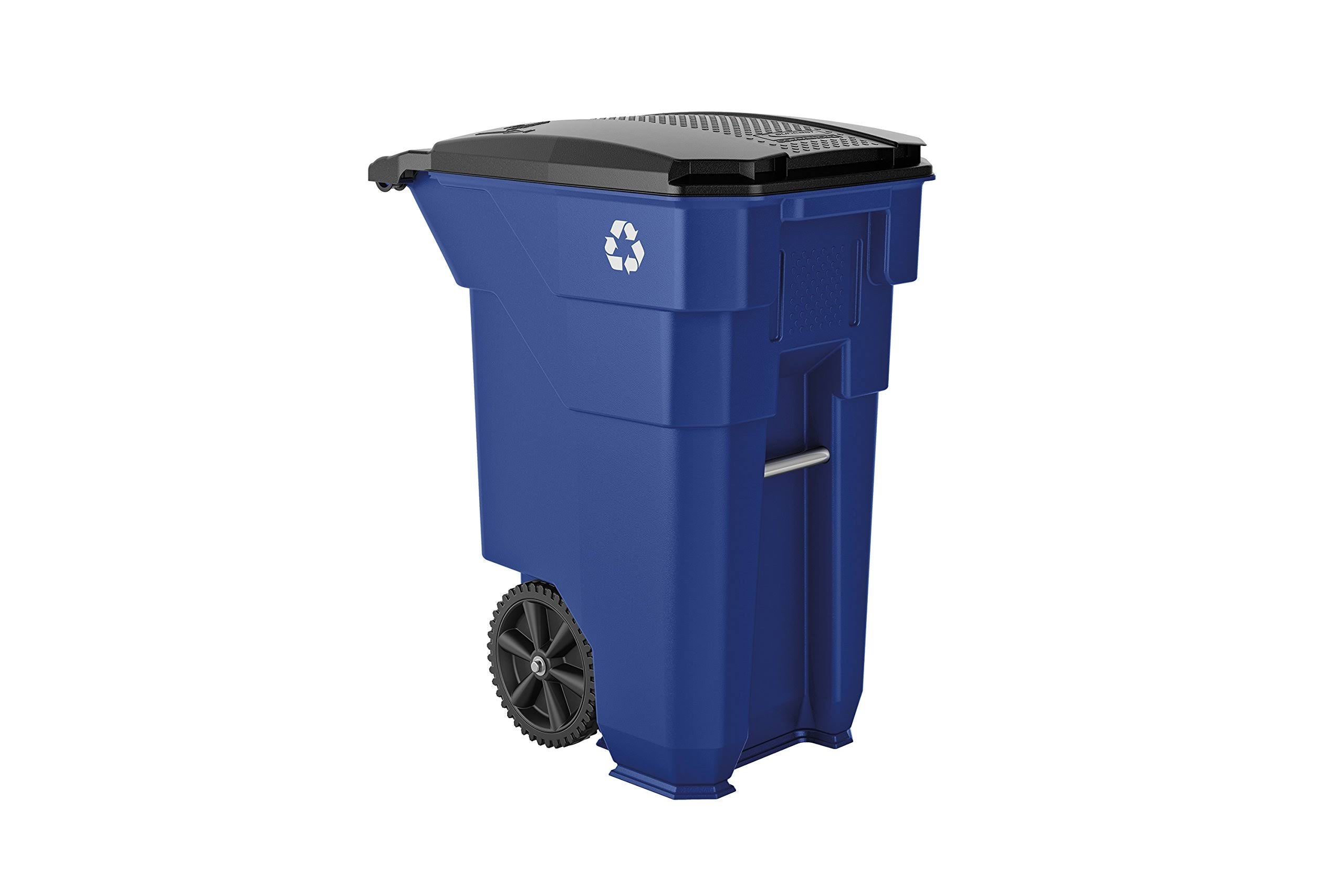 Suncast Commercial Wheeled Square HDPE Trash Can, 50 Gallons, 38-1/2x22H x 23-5/16x22W x 30x22D, Blue Recycle