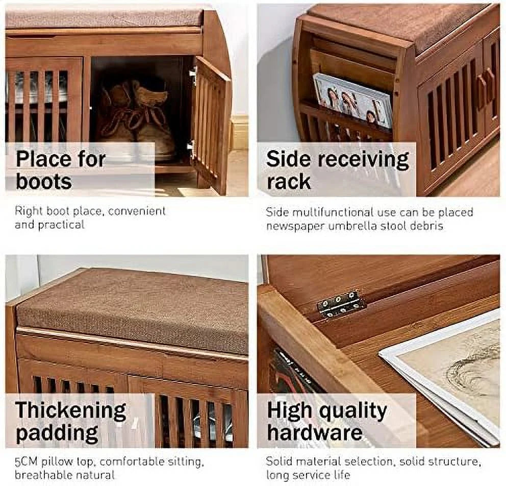 KBANZIBIU Bamboo Shoe Bench with Detachable Cushion and Hidden Compartment T94805