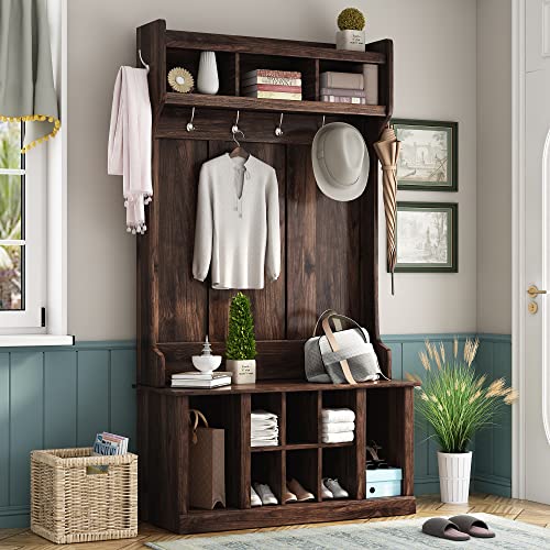 Hall Tree with Storage Bench, Modern Hall Tree with Storage Bench, Hall Tree with 6 Hooks, Coat Hanger, Entryway Bench, Storage Bench, 3-in-1 Design, for Entrance, Hallway (Tiger)