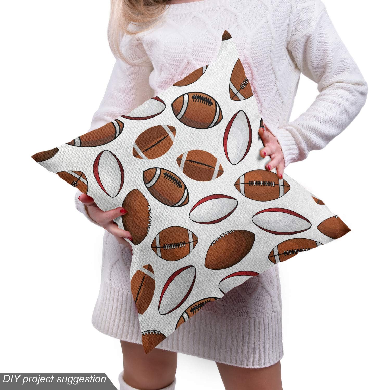 Ambesonne American Football Fabric by The Yard, Cartoon Rugby Balls, Caramel Ruby White W4000