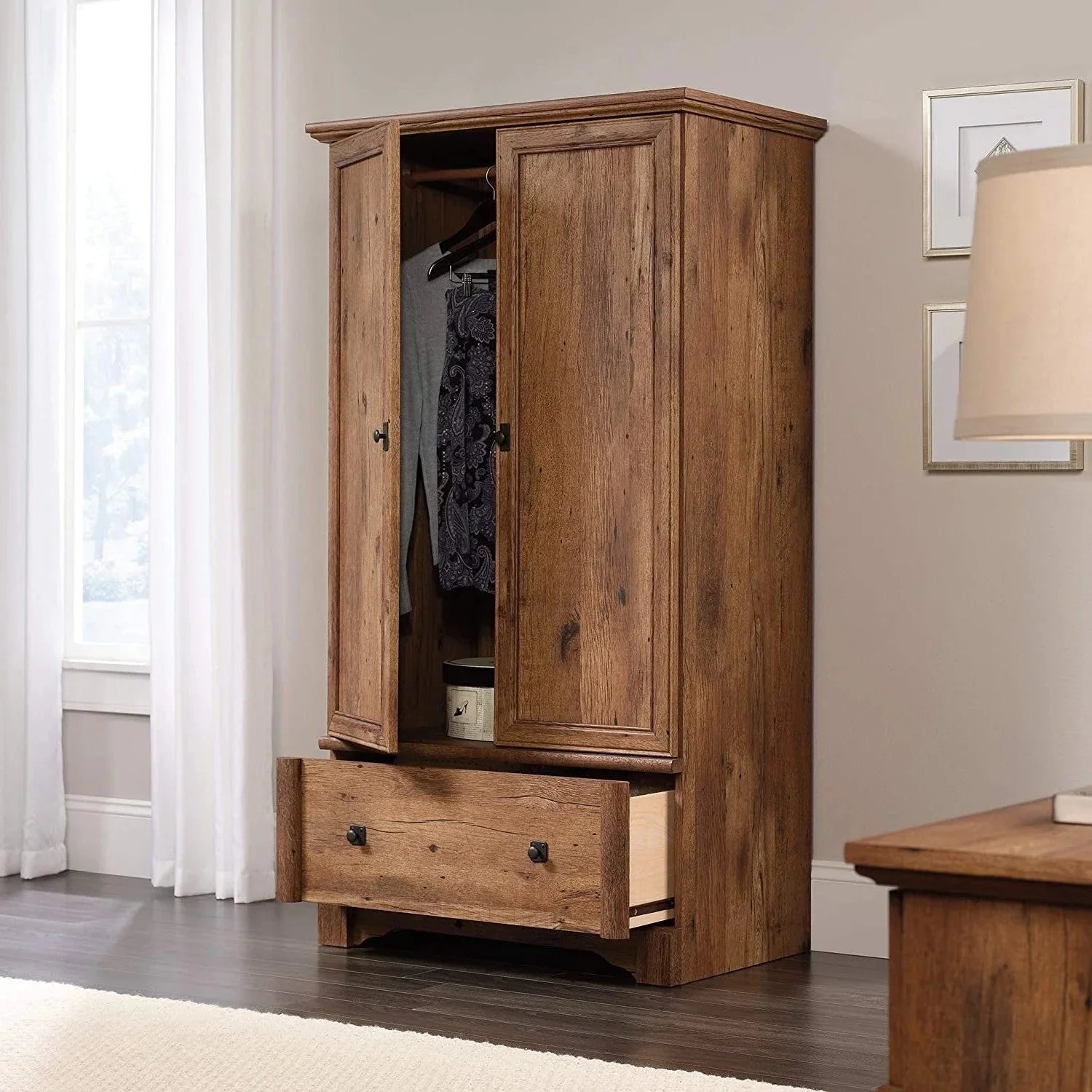 Rustic Oak Wardrobe Armoire with Garment Rod W2452
